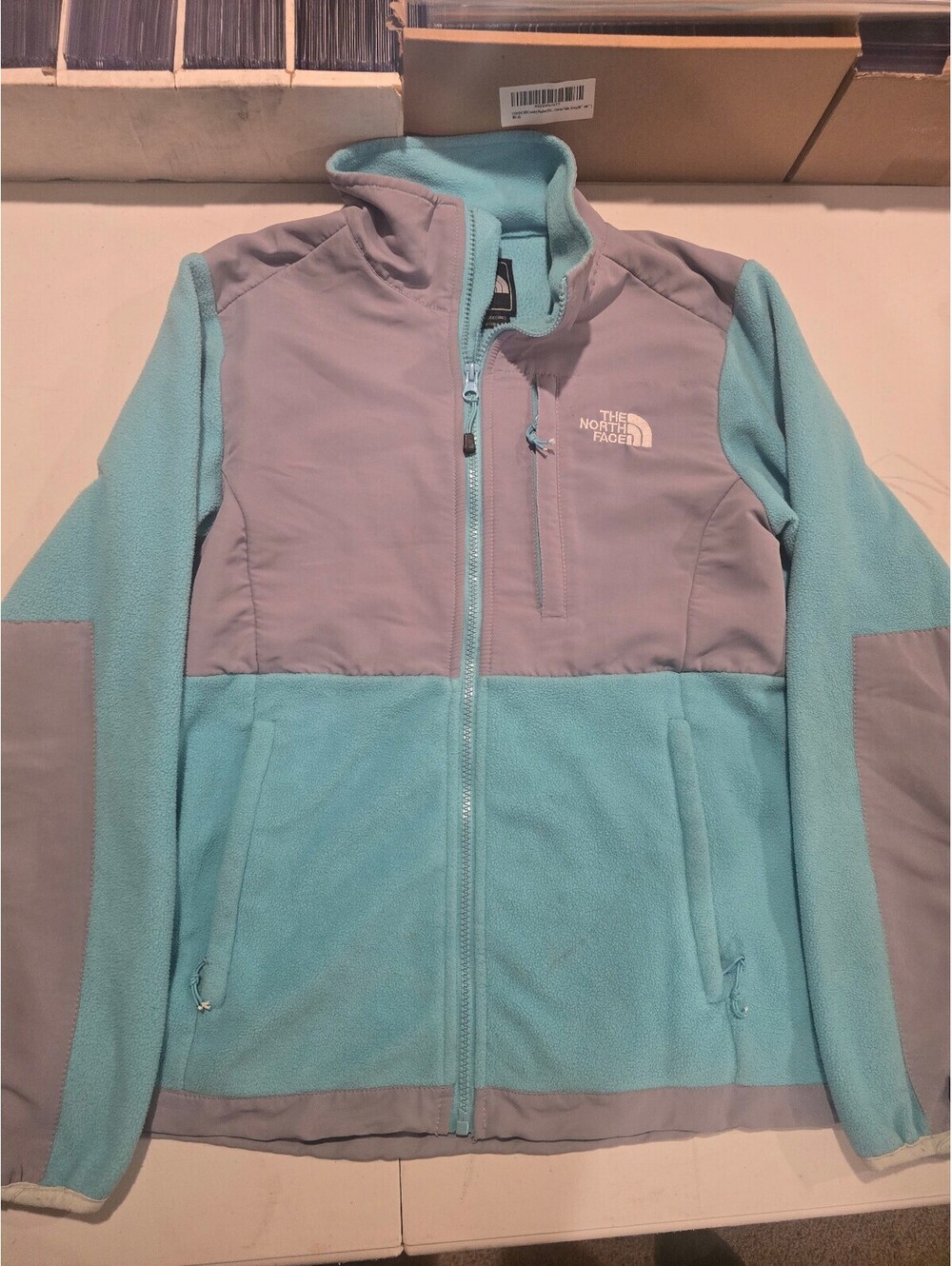 The North Face Women's Fleece Jacket in Light Blue and Gray, Size M